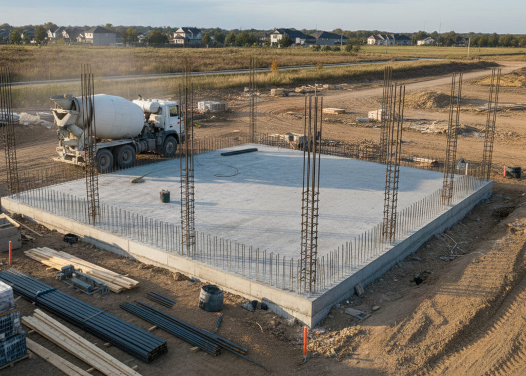 Concrete Foundation Slab Preparation for New Building Construction
